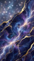 Abstract cosmic marble texture with golden veins and electric lightning effects on deep blue purple background for luxury design projects.