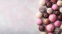 Assorted chocolate truffles in pink and brown tones arranged on light background with copy space. Luxury handmade candy balls with different decorative toppings.