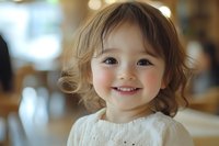 Young toddler girl with light brown wavy hair and fair complexion smiling at camera in bright indoor setting. Suitable for family, parenting, childcare and lifestyle marketing.