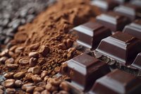 Dark chocolate bar pieces with cocoa powder and coffee beans scattered on rustic wooden surface, macro food photography with selective focus.