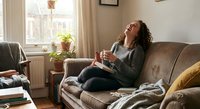 Young woman with curly hair relaxing on cozy sofa at home, holding smartphone and laughing while enjoying leisure time in comfortable living room.