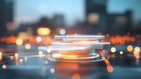 Abstract futuristic light trails with orange bokeh effects against blurred urban background create modern technological atmosphere for business presentations.