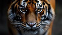 Close up portrait of majestic tiger face showing intense blue eyes, detailed whiskers and distinctive orange and black striped fur pattern against dark background.
