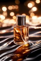 Elegant perfume bottle on liquid metallic surface with warm golden bokeh background, luxury cosmetic product photography for advertising and beauty industry.