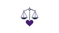 Balanced scales of justice with purple heart symbol below, representing legal fairness and compassionate law practice on white background, isolated design element.