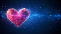 Digital heart shape with glowing pink network lines against deep blue cosmic background, symbolizing love in digital age or healthcare technology.