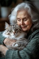Senior woman with long silver hair embracing fluffy Maine Coon cat while wearing green sweater, expressing joy and contentment in warm atmospheric lighting.