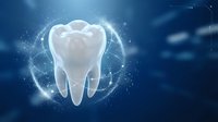 Digital tooth model with glowing energy particles on blue background for dental care and oral health concepts in medical presentations and healthcare marketing.