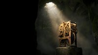 Ornate golden throne sits in a mystical cave chamber with dramatic light rays streaming through opening above, creating an atmospheric and mysterious scene for fantasy, adventure, and conceptual projects.