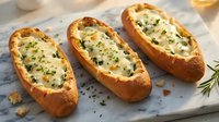 Three golden baked potato skins filled with melted cheese and fresh herbs on slate board, comfort food appetizer for restaurant menu design.