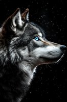Majestic gray wolf with piercing blue eyes in profile against dark starry background, detailed fur texture and dramatic lighting create mysterious atmosphere.
