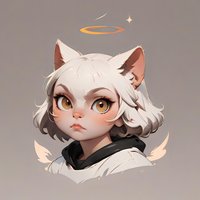Cute anime-style character portrait of white-haired cat girl with angel wings and golden halo, featuring large expressive eyes and black hoodie on neutral background.