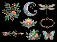 Botanical and celestial design elements collection featuring ornate floral arrangements, decorative moon, dragonfly, butterfly, and ornamental frames isolated on transparent background. Ready for t-shirts, clipart, stickers, and print-on-demand projects.