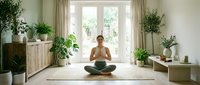 Young Caucasian woman meditating in lotus pose at home, surrounded by green plants, practicing mindfulness and yoga for wellness and stress relief.