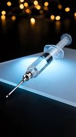 Medical syringe with needle on blue surface against warm bokeh lights background for healthcare and vaccination concepts.