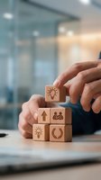 Businessman hands arranging wooden blocks with business icons including lightbulb, arrow, people and laurel symbols representing growth strategy and innovation.