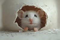 White mouse peeks through hole in wall, close-up view showing pink nose, whiskers and tiny paws against light background, creating whimsical home decor appeal.