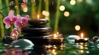 Zen spa composition with hot stones, floating candles and pink orchids on water surface against blurred bokeh background creating peaceful atmosphere.