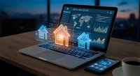 Modern laptop displaying real estate analytics dashboard with glowing house holograms and smartphone on wooden desk at twilight for property investment technology.