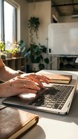Woman hands typing on laptop computer in modern home office workspace with plants and natural sunlight for remote work productivity.
