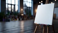 Blank white canvas on wooden easel in modern art studio with blurred bokeh background and natural window lighting. Ready for creative artwork.