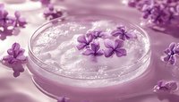 Purple lilac flowers floating in sparkling water in glass bowl, creating romantic spa atmosphere with soft focus and monochromatic purple tones.