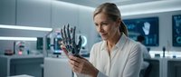 Female scientist or engineer of European descent examining a robotic hand prototype in a modern laboratory setting, suitable for technology, innovation, and research-related projects.