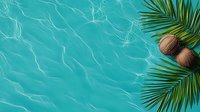 Fresh coconuts and green palm leaves against rippling turquoise pool water background, creating tropical summer vacation atmosphere with copy space.