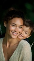 Young Asian woman with natural makeup embracing laughing child in white knit sweater against dark green background, genuine emotions and tender moment.