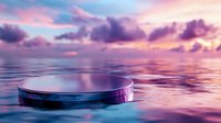 Futuristic circular platform floating on calm ocean water at sunset with dramatic purple and pink sky clouds reflecting on surface for product display.
