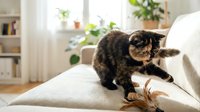 Adorable tabby kitten playing on beige sofa in bright modern living room with plants. Cute domestic cat exploring comfortable home interior furniture.