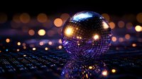 Glowing purple disco ball on dark surface with bokeh lights in background, creating nostalgic nightclub atmosphere for party design.