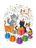 Playful cats celebrating with colorful gift boxes, confetti, and party hats on white background. Isolated clipart suitable for greeting cards, invitations, t-shirt designs, and festive decorations.