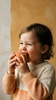 Toddler girl with dark hair eating fresh apple against warm beige wall. Healthy snack for children, nutrition and wellness concept for parenting and family lifestyle content.