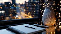 Cozy evening workspace with glowing decorative lamp and notebook against window with city bokeh lights and sparkles, creating atmospheric home office setting.