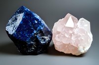 Blue sodalite and pink rose quartz crystal specimens displaying natural mineral formations with rough textures and faceted surfaces for geology education.