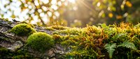 Sunlight filtering through forest canopy illuminating vibrant moss and ferns growing on fallen log. Natural woodland scene with golden bokeh background.