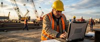 Construction engineer using laptop computer at building site with crane equipment during golden hour sunset for project management and planning.