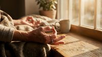 Mature hands holding warm mug on wooden table by window with natural sunlight, cozy home interior setting for wellness and relaxation themes.