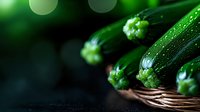 Fresh zucchini with water drops in wicker basket against dark background with bokeh lights, macro food photography highlighting natural organic produce.