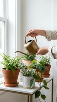 Woman watering indoor plants with brass watering can in bright white room with natural light from window for home gardening and plant care.