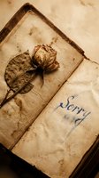 Aged vintage book with dried rose and handwritten sorry note, evoking nostalgia, regret, and lost love. Perfect for emotional storytelling concepts.