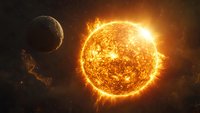 Glowing sun with fiery surface and solar flares illuminating a nearby planet against dark space background, showcasing cosmic scale and stellar energy.