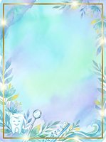 Watercolor dental background with tooth character, botanical leaves, and gold frame border on soft pastel gradient. Suitable for dentistry marketing, healthcare designs, and dental clinic materials.