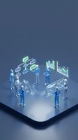Isometric business team analyzing data charts and graphs on digital platform with glowing interface elements for corporate presentations and reports.
