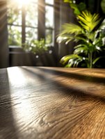 Sunlight streaming through window creates dramatic shadows on wooden table surface, with blurred tropical plant leaves in background, moody atmospheric interior.
