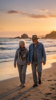 Senior couple walking hand in hand on beach at sunset with golden sky and ocean waves creating romantic atmosphere for retirement lifestyle.
