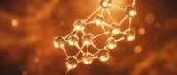 Golden molecular structure with glowing atoms and bonds floating in warm orange space with bokeh light effects for science and chemistry concepts.