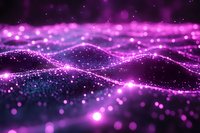 Abstract glowing purple waves with sparkling particles and bokeh effects create magical atmosphere on dark background, suitable for technology designs.