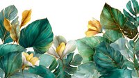 Lush tropical foliage with emerald green monstera leaves and golden yellow flowers creating an exotic botanical composition on white background.
